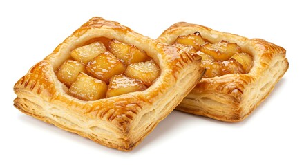 Homemade puff pastry pies filled with caramelized apples . isolated on white background.