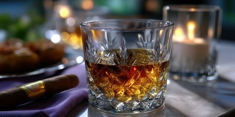 Elegant whiskey in a crystal glass with a cigar and warm candlelight at a sophisticated gathering in the evening