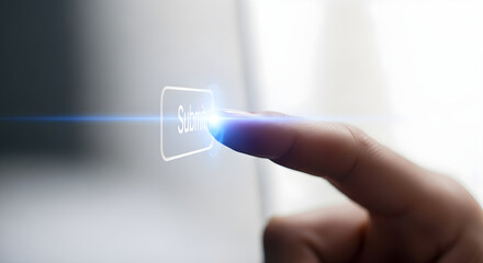A finger pressing a submit button on a screen with a bright blue light effect isolated on white background, tarensparent background, png, jpg,jpeg,  on transparent background
