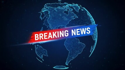 Digital globe with breaking news banner overlay in a dark blue background - Powered by Adobe