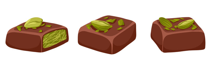 Dubai chocolate candy with pistachio paste set. Hand drawn vector sweets with dark chocolate and pistachio nut kernel for confectionery packaging, menu, catalog spreads, product cards