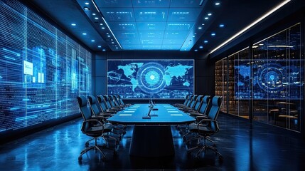 Futuristic conference room equipped with advanced technology for presentations and video conferencing, showcasing modern workspaces and AI-enhanced collaboration in corporate settings.