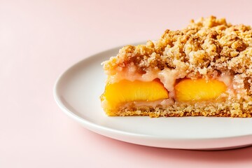 A peach crumble cake slice with golden streusel topping and visible fruit chunks, on a quiet quartz pink backdrop 