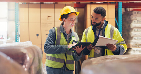 Supply chain, team and people on tablet in warehouse for online inventory, checklist and inspection. Manufacturing, logistics and man with woman on tech for collaboration, shipping and planning