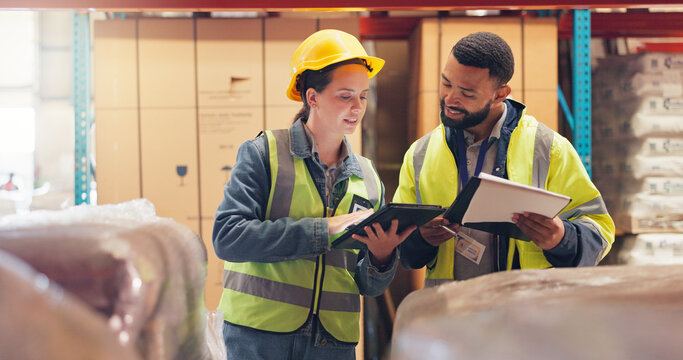Supply chain, team and people on tablet in warehouse for online inventory, checklist and inspection. Manufacturing, logistics and man with woman on tech for collaboration, shipping and planning
