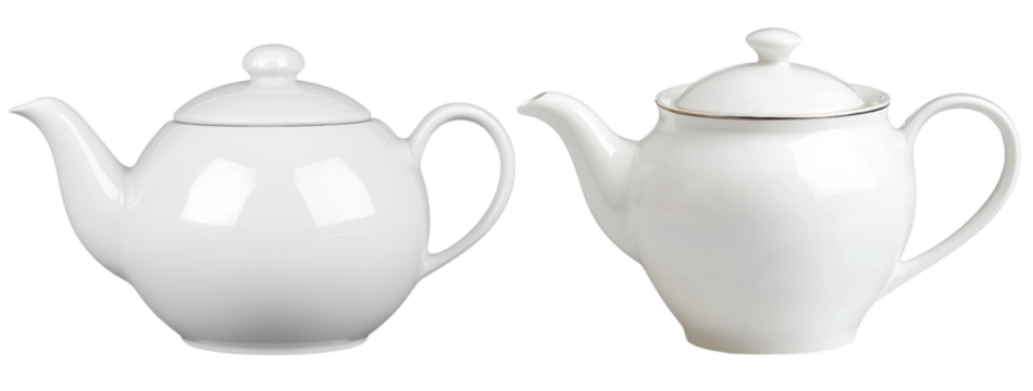 Two white ceramic teapots with lids, each featuring a spout and handle, showcasing smooth, glossy finishes with slight differences in shape and design.