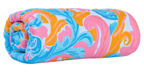 A rolled-up quilt featuring an ornate pattern in vibrant blue, pink, orange, and white colors.