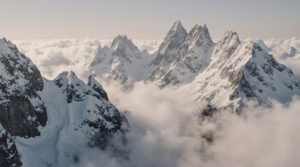 Obraz premium Snow-Capped Mountain Peaks Emerging from Fog on a Cloudy Day