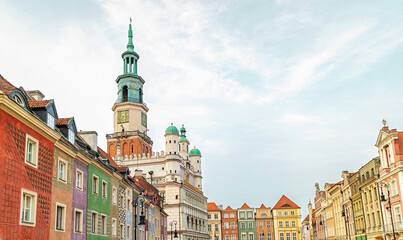 Poznan, Poland  - Architecture of the Old City. Market Square with colorful houses and old Town Hall. 