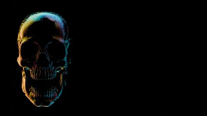 Human skull with multicolored lighting on black background