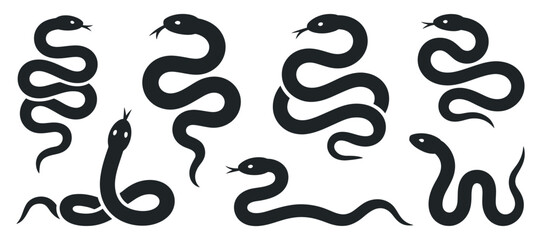 Collection of Black Snake Silhouettes on White Background in Various Poses and Styles for Graphic Design and Illustration Projects