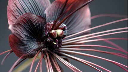 Tacca chantrieri: A close up studio photo long whiskers dark petals gothic presence mysterious exotic.