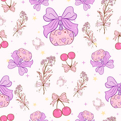 Coquette Halloween pattern seamless, vintage flowers, Vintage Retro Pink Seamless Pattern, purple Vintage Coquette happy Halloween seamless file, Retro pumpkin seamless file, Retro coquette wallpaper 