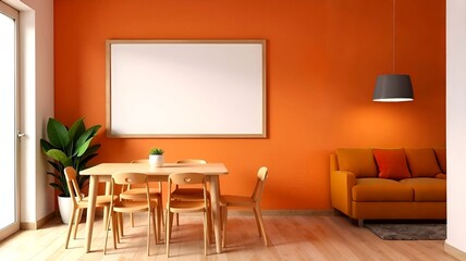 Stylish scandy interior, modern dining room with wooden frame for painting mock up. dinner table, chairs at kitchen in new apartment