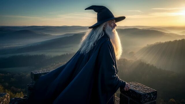 A wizard stands on a stone battlements, gazing out over a misty mountain landscape during sunrise with rays of light, magic concept.