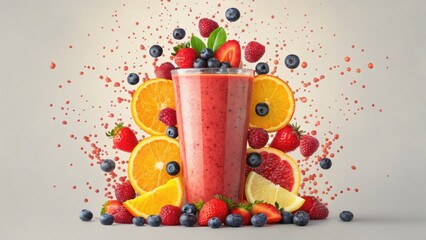 A colorful smoothie surrounded by various fruits, creating a vibrant and refreshing visual display.