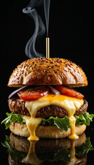 Juicy gourmet hamburger with melted cheese on black background with smoke, high resolution