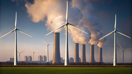 Wind turbines stand against a backdrop of smokestacks, symbolizing the contrast between renewable and fossil energy sources.