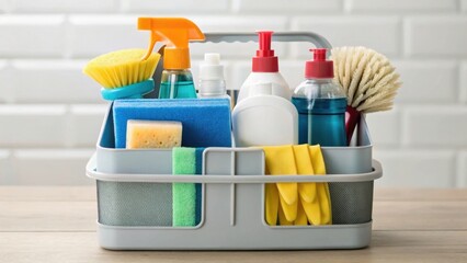 A cleaning caddy filled with various supplies including sprays, cloths, sponges, and brushes, set against a tiled background.