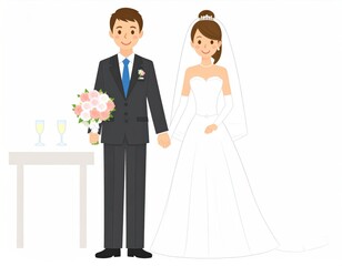 A smiling couple in formal wedding attire stands holding hands near a small table with champagne flutes.  The bride wears a long white gown and veil, while the groom is in a dark suit and tie. 