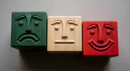 Three wooden blocks displaying different emotions like sad neutral and happy face isolated on white background, tarensparent background, png, jpg,jpeg,  on transparent background