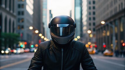 A motorcyclist wearing a helmet stands confidently in a bustling city street, surrounded by urban lights and tall buildings.