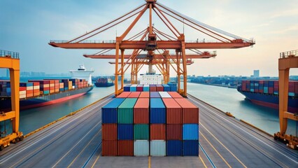 Large shipping containers are stacked at a port with cranes overhead, surrounded by cargo ships in the water, showcasing a busy maritime industry scene.