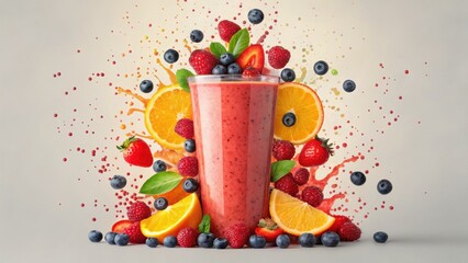 Vibrant smoothie surrounded by a splash of fresh fruits, including berries and citrus, creating a refreshing and colorful visual appeal.