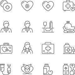 A collection of medical icons depicting doctors, medicine, and healthcare symbols