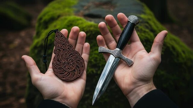 Man&rsquo;s hands holding a mystic wooden amulet and a shiny steel dagger in a mossy forest, fantasy magic props footage.