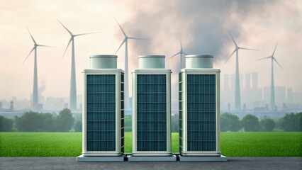 Modern buildings with wind turbines in the background, symbolizing sustainable energy and environmental responsibility.
