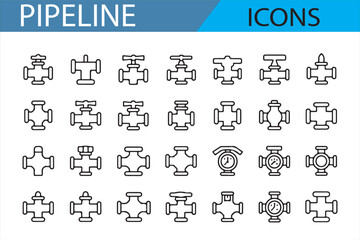 Set of Engineering Icons for Pipelines, Valves, and Fluid Control