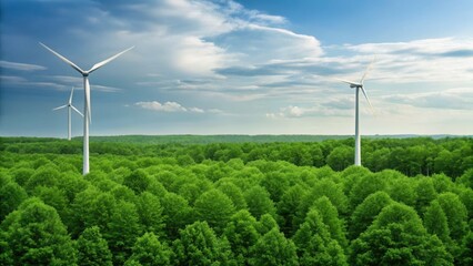 Wind turbines stand tall amidst lush green forests under a clear blue sky, symbolizing renewable energy and environmental sustainability.