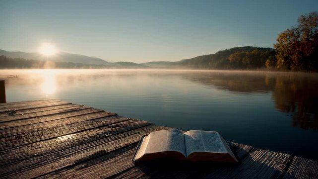 Open bible resting on weathered wooden dock. Sunlight breaking through morning mist over tranquil lake. Creating peaceful spiritual landscape with soft natural illumination and reflective atmosphere