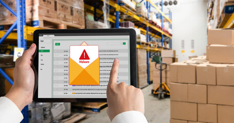 Cyber attacking concept. Malware alert showing on computer screen display scam and threat detection on computer system or online server to be removed snugly.