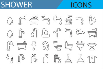 Icon Set of Plumbing Fixtures Including Faucets, Showers, and Tubs