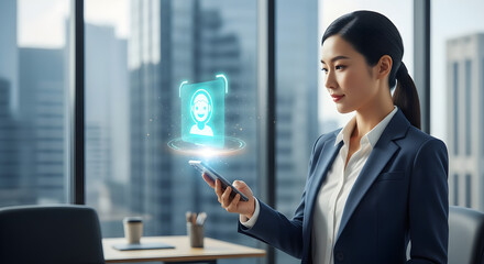 Asian woman in suit using smartphone with holographic interface in office setting isolated on white background, tarensparent background, png, jpg,jpeg,  on transparent background