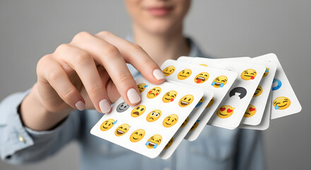 A woman holding a stack of cards with various emoji faces on them in her hand isolated on white background, tarensparent background, png, jpg,jpeg,  on transparent background