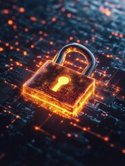 Phishing protection and fraud cybersecurity, A glowing security padlock displayed on a digital screen for cybersecurity themes.