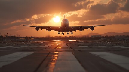 Airplane Landing at Sunset: Dramatic Sky, Airport Runway, Travel Photography, and Golden Hour Transport.