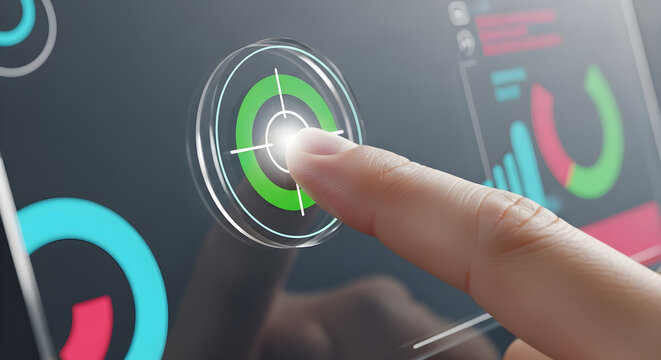 Finger touching a green target icon on a screen with charts and circular graphs isolated on white background, tarensparent background, png, jpg,jpeg,  on transparent background