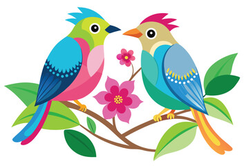 Naklejka premium Two Birds Sitting on Branch with Pink Flowers, Colorful Bird on Flower Branch Vector Illustration