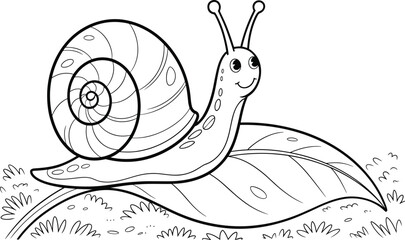 Charming cartoon snail illustration on a leaf, adorable design with a smiling face, peaceful nature scene, perfect for children's books, wall art, and educational materials on Adobe Stock.