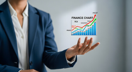 Person in suit presenting a finance chart with rising profit and investment roi isolated on white background, tarensparent background, png, jpg,jpeg,  on transparent background
