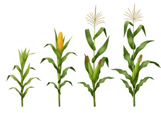 Corn plant growth stages isolated on transparent background