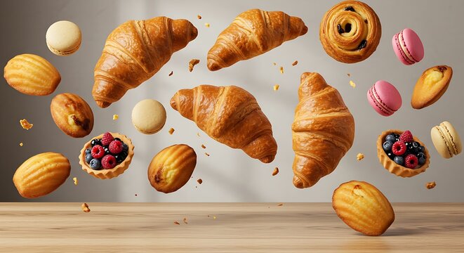 Freshly baked croissant and sweet pastries flying in air. Sweet dessert. Baked goods.