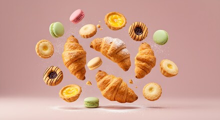 Freshly baked croissant and sweet pastries flying in air. Sweet dessert. Baked goods.