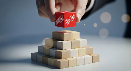 Hand placing approved red cube on top of pyramid made of neutral colored blocks isolated on white background, tarensparent background, png, jpg,jpeg,  on transparent background