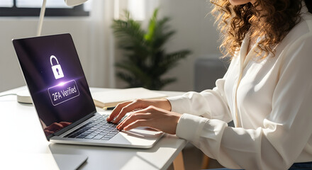 Woman typing on laptop with two factor authentication verified on the screen shown isolated on white background, tarensparent background, png, jpg,jpeg,  on transparent background