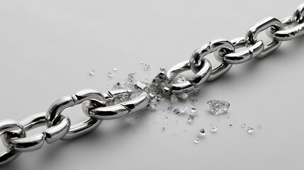 Broken Silver Chain Links with Scattered Fragments Representing Strength, Freedom, and Overcoming Obstacles on Light Background